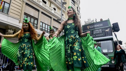 epa11966241 People attend a parade on the eve of the Saint Patrick's Day celebrations in downtown Madrid, Spain, 15 March 2025. St Patrick's Day is marked annually on 17 March to commemorate Saint Patrick, the patron saint of Ireland.  EPA/VICTOR LERENA